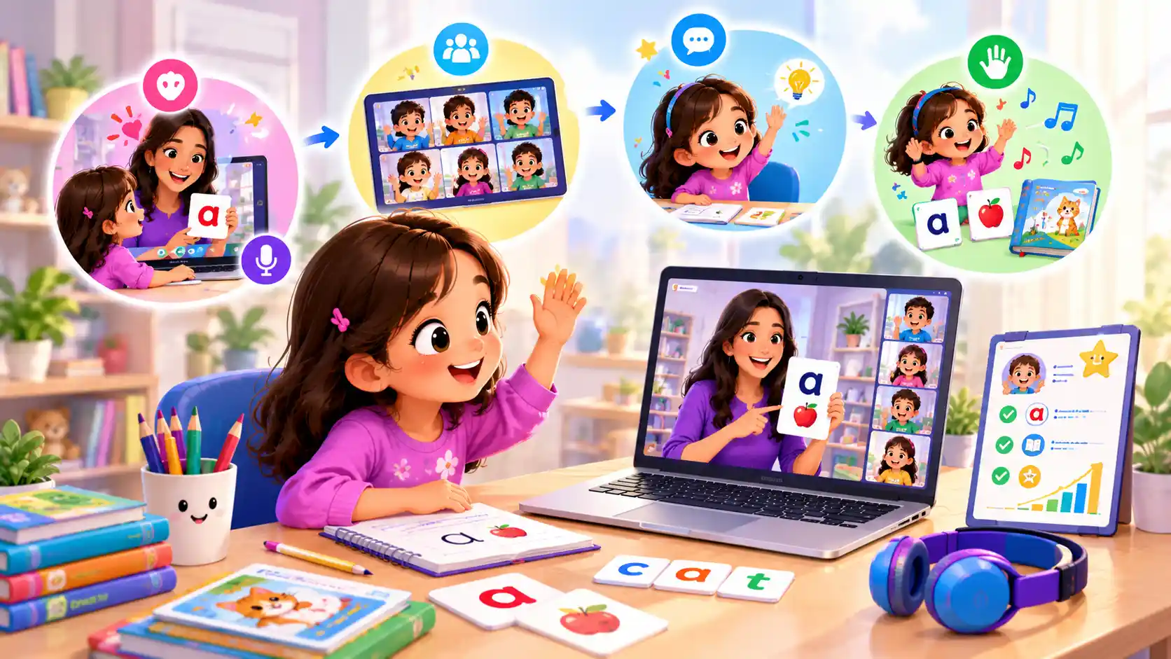 Illustration addressing the common question of whether a 4 to 6 year old can really learn phonics online, showing a child's journey from seeing letters through hearing sounds, blending words, and reading a storybook confidently