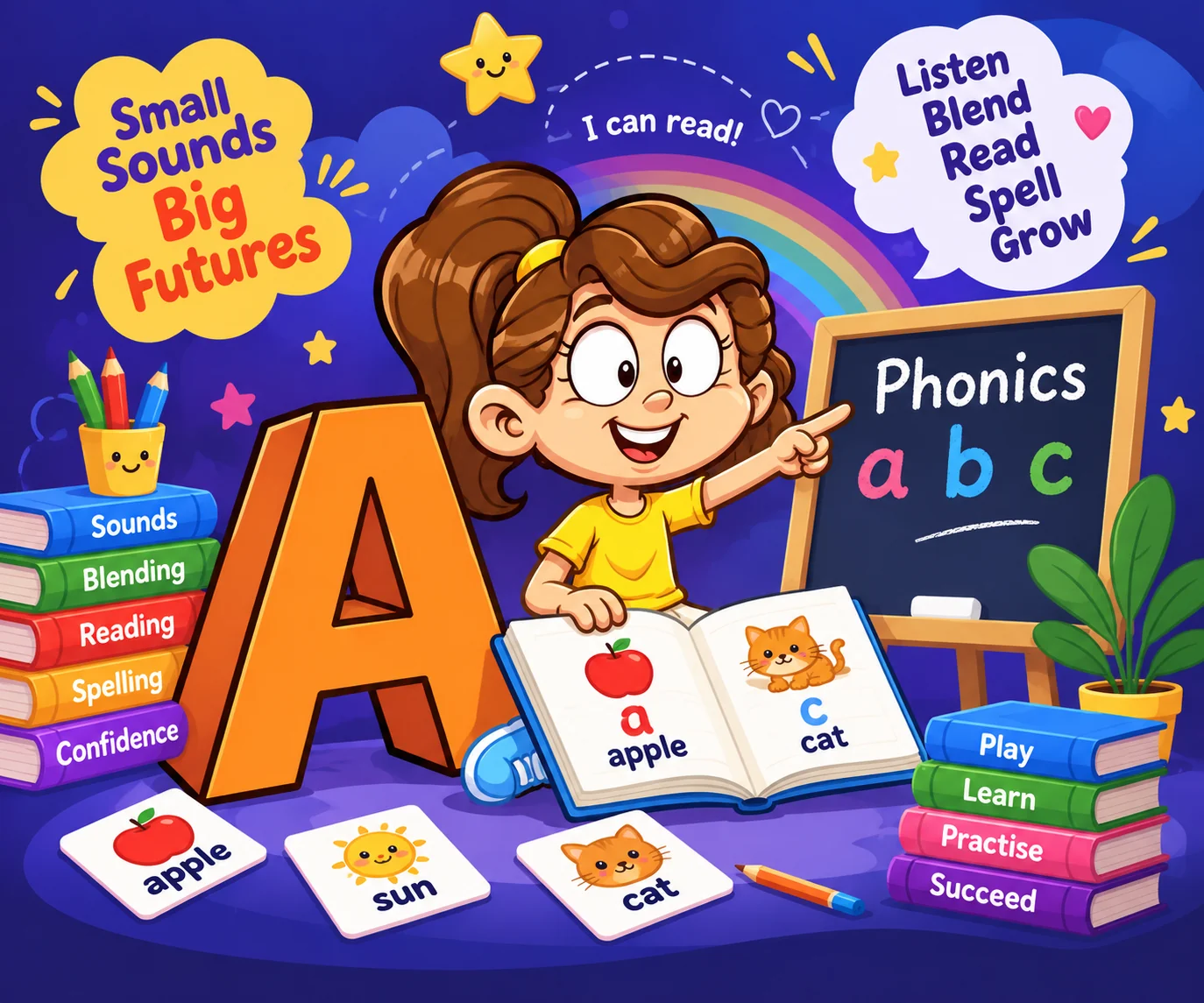 Child learning phonics with alphabet flashcards and letter blocks, illustrating sounds, blending, reading and spelling in online phonics classes for kids