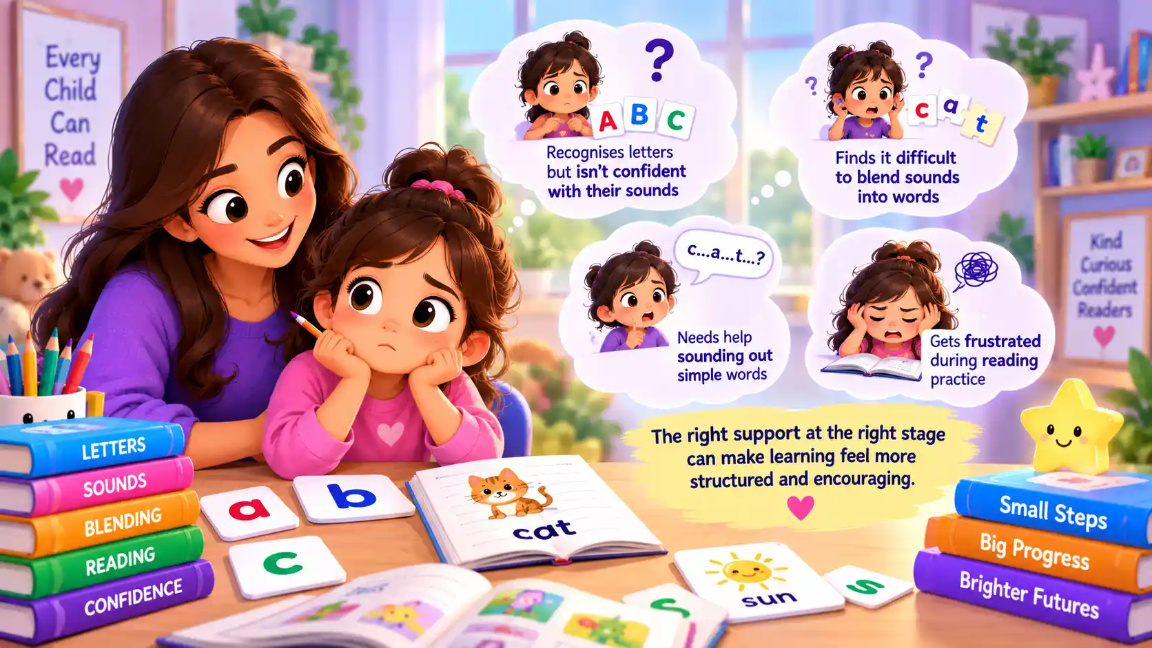 Mother helping her daughter with early reading, showing four common signs a child is just starting to learn reading: recognising letters but not sounds, difficulty blending sounds into words, needing help sounding out simple words, and frustration during reading practice